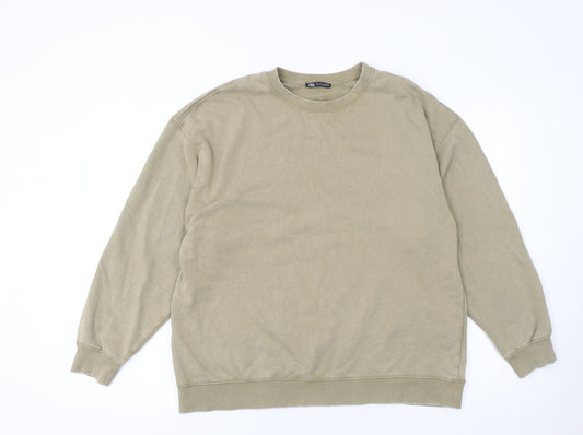 Zara Women Beige Cotton Crew Neck Pullover Sweatshirt Size S