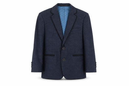 Front view of 1880 Club boys’ blue geometric blazer 5 years two-button formal jacket