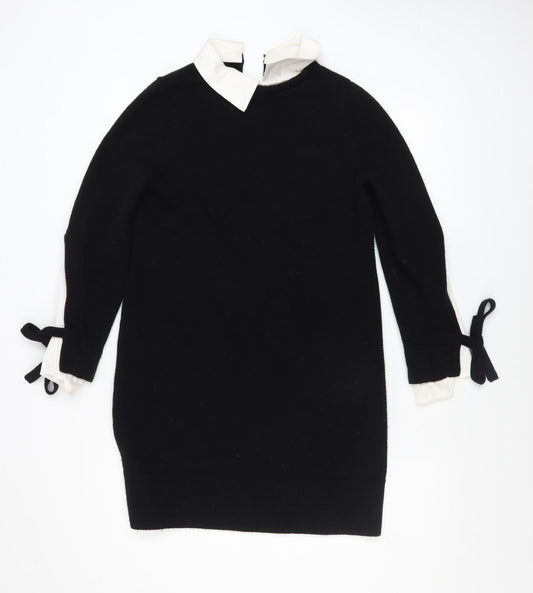 Mint Velvet Women Black XS Collared Shift Dress with Bow Sleeves