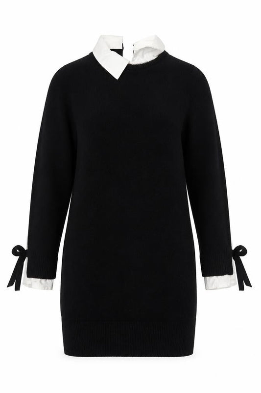 Mint Velvet Women Black XS Collared Shift Dress with Bow Sleeves