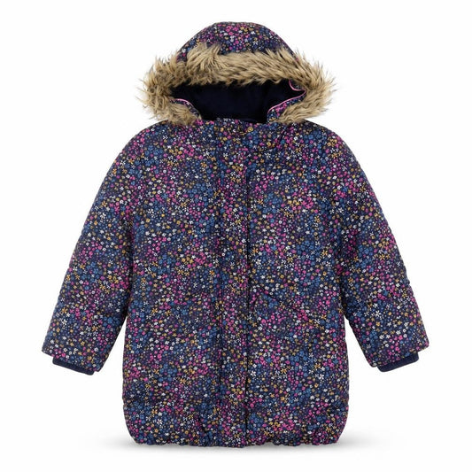 Front view of John Lewis girls’ multicoloured floral puffer coat 7 years hooded faux fur winter