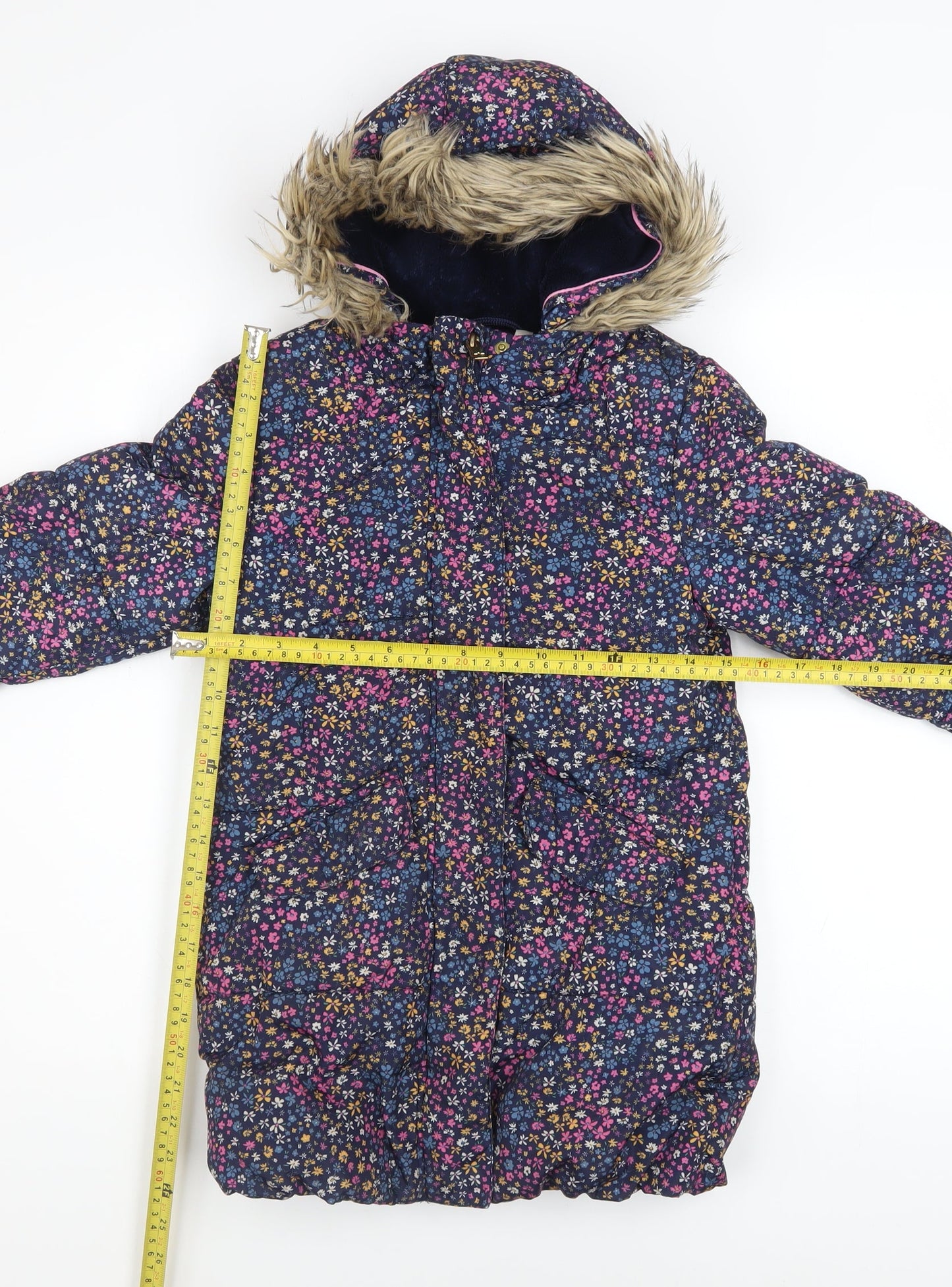 John Lewis Girls Multicoloured Floral Puffer Coat 7 Years Hooded Faux Fur Winter