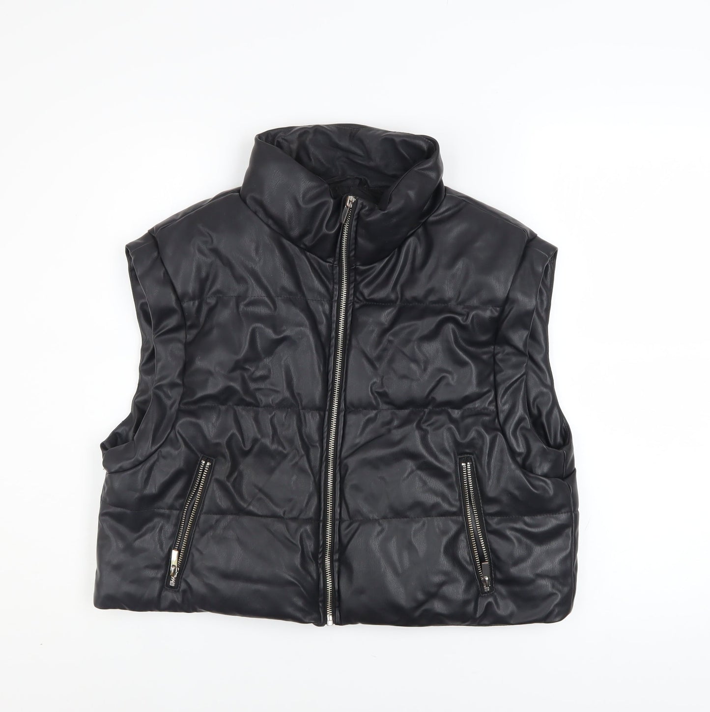 ZARA Women Black Faux Leather Puffer Waistcoat Size M Sleeveless Zip