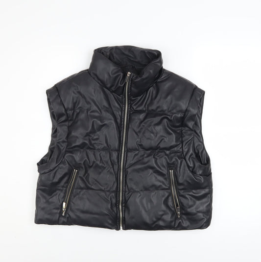 ZARA Women Black Faux Leather Puffer Waistcoat Size M Sleeveless Zip