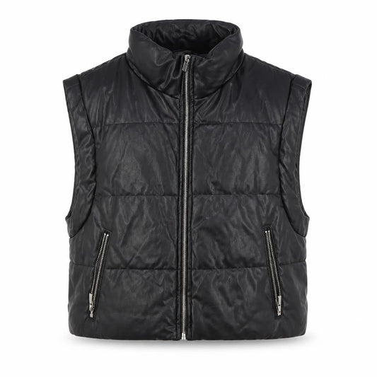 Zara Women Black Faux Leather Puffer Waistcoat Size M Sleeveless Zip
