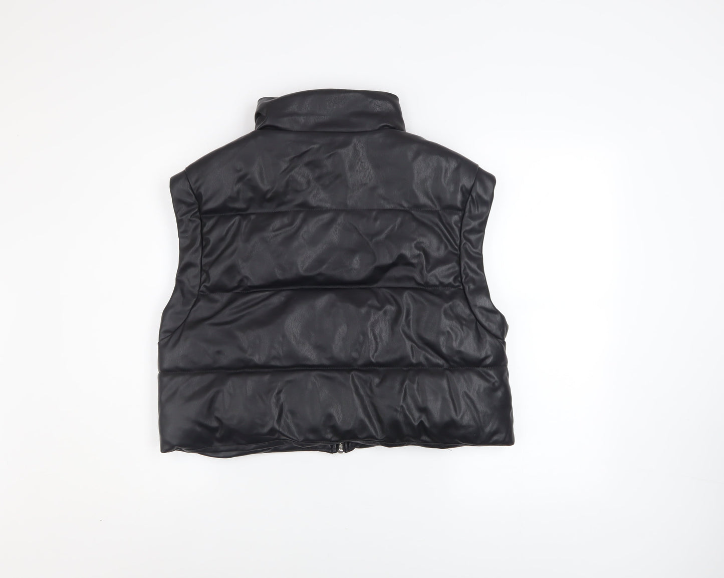 ZARA Women Black Faux Leather Puffer Waistcoat Size M Sleeveless Zip