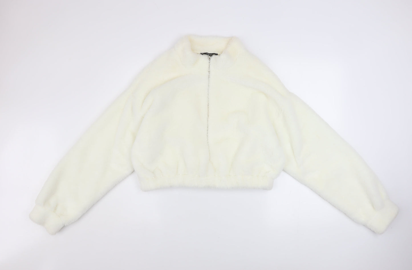 JF Lefon Women Ivory Faux Fur Cropped Zip Jacket Size 14