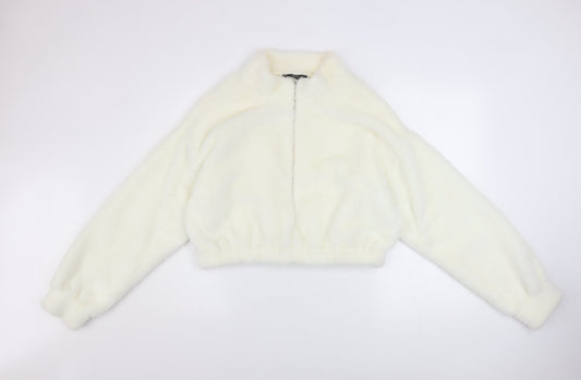 JF Lefon Women Ivory Faux Fur Cropped Zip Jacket Size 14