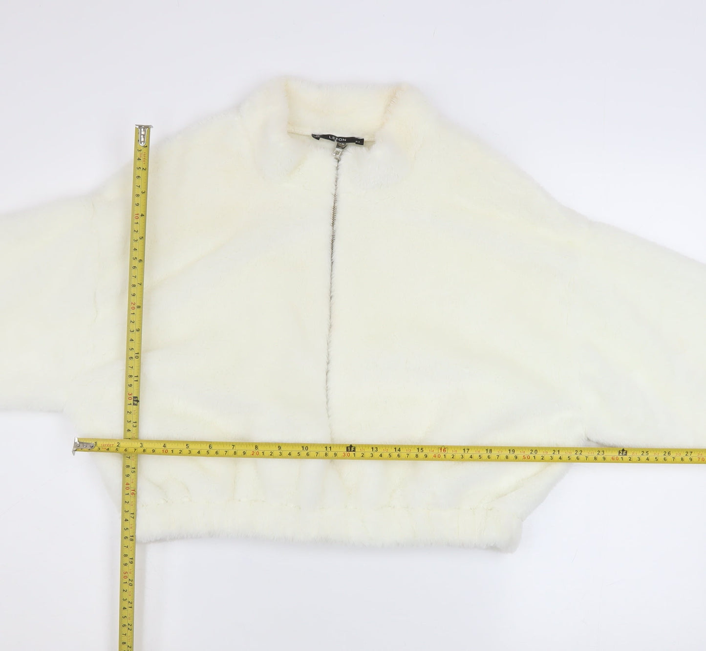 JF Lefon Women Ivory Faux Fur Cropped Zip Jacket Size 14