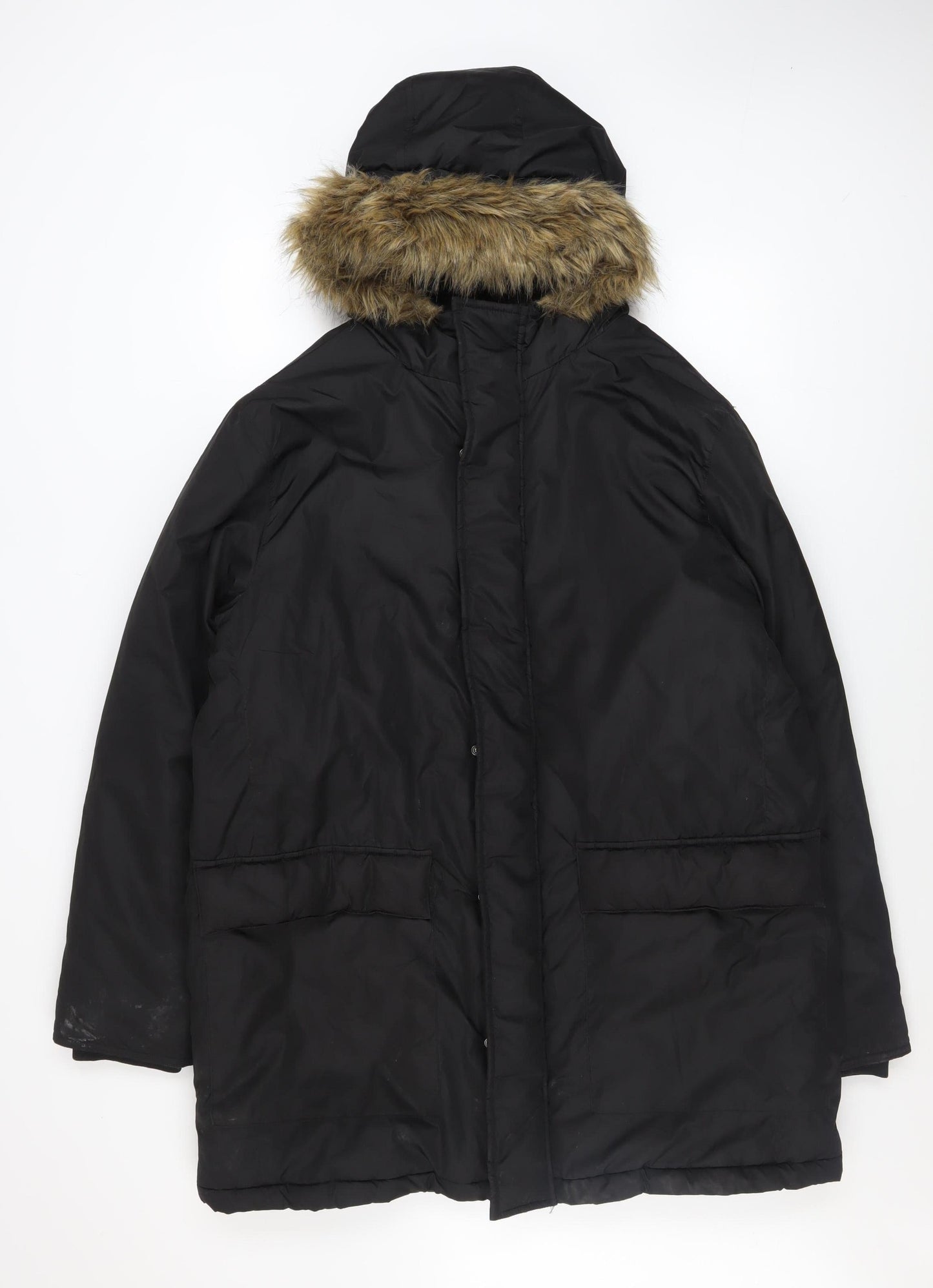 French Connection Men's Black L Hooded Fur Trim Winter Parka Coat