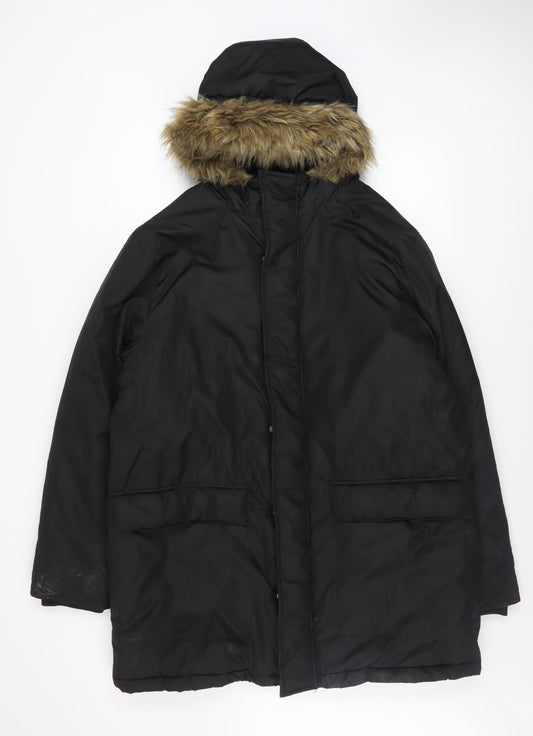 French Connection Men's Black L Hooded Fur Trim Winter Parka Coat