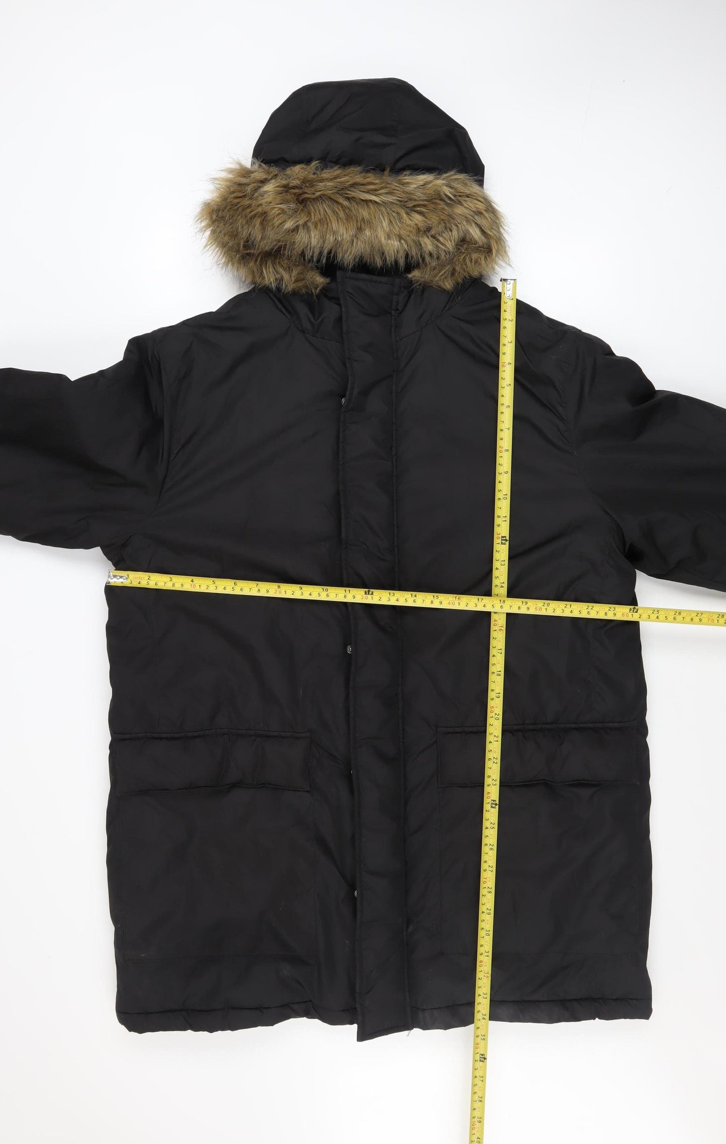 French Connection Men's Black L Hooded Fur Trim Winter Parka Coat