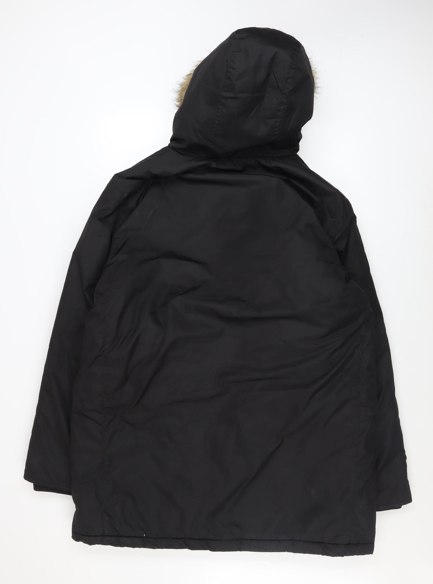 French Connection Men's Black L Hooded Fur Trim Winter Parka Coat