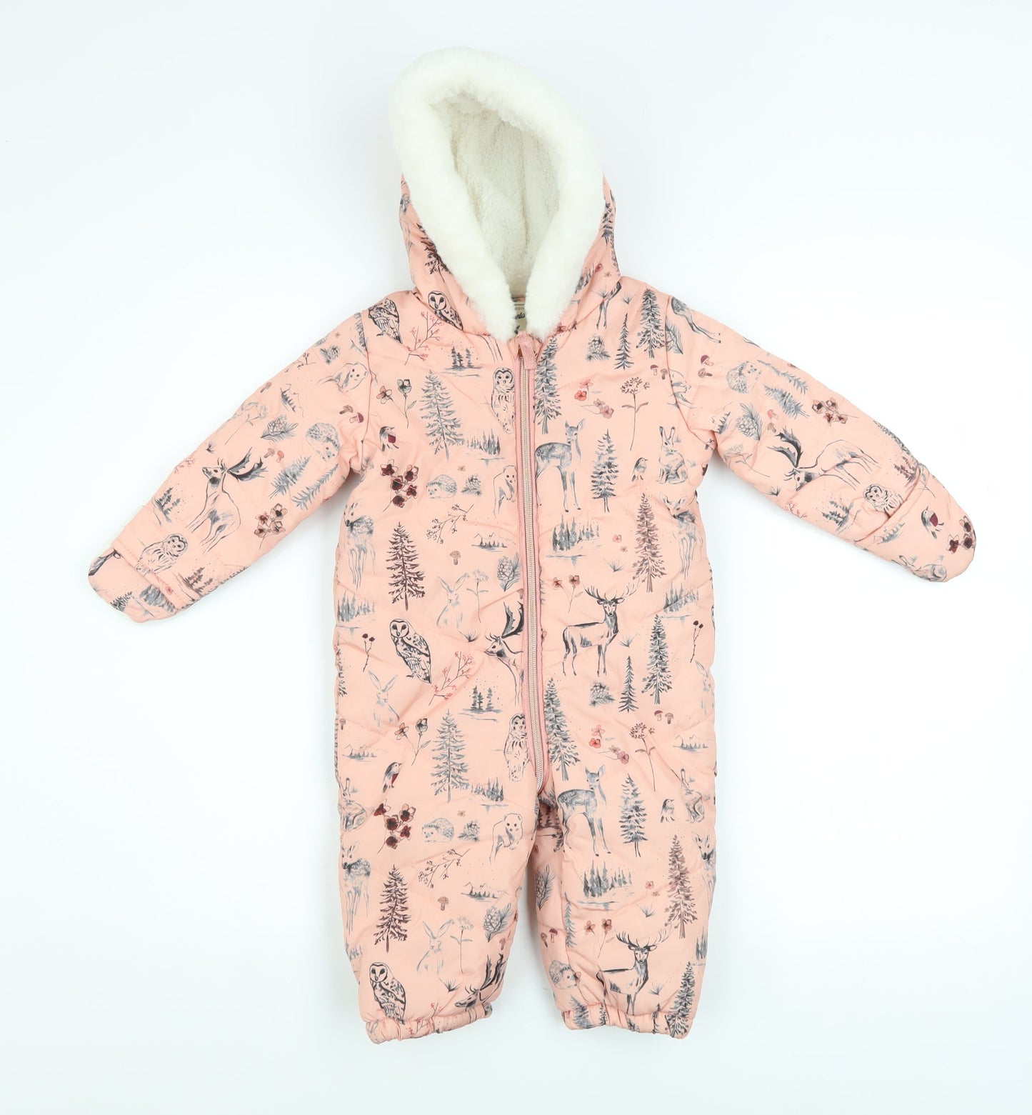 Mantaray Pink Woodland Animal Print Baby Snowsuit 9-12 Months Hooded Winter