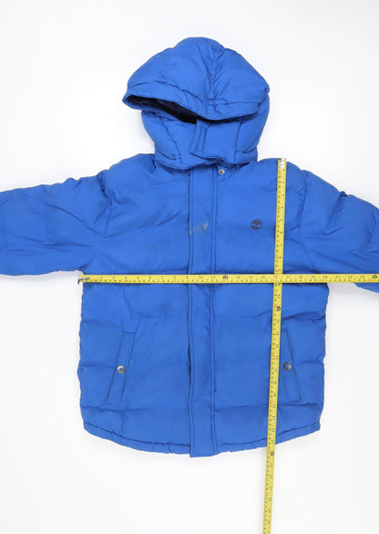 Back view of Timberland boys’ blue hooded puffer jacket 14 years winter coat