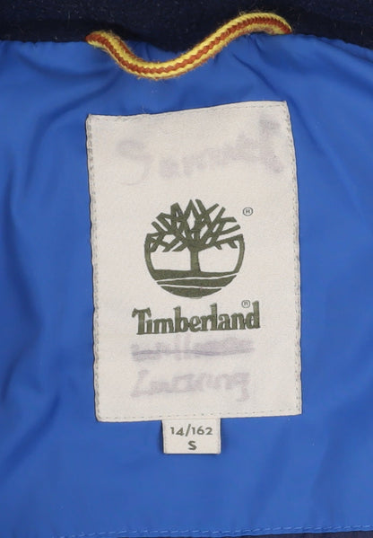 Brand and care label for Timberland boys’ blue hooded puffer jacket 14 years winter coat