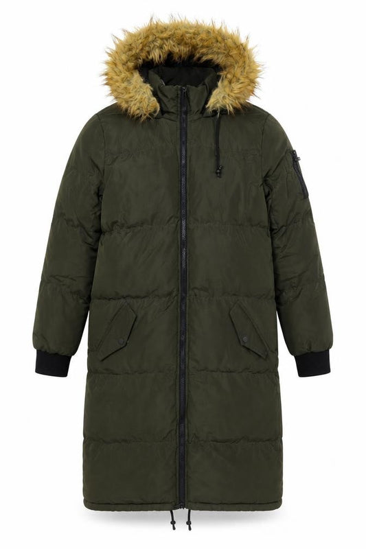 Brave Soul Womens Green Long Puffer Coat Hooded Faux Fur Size 8