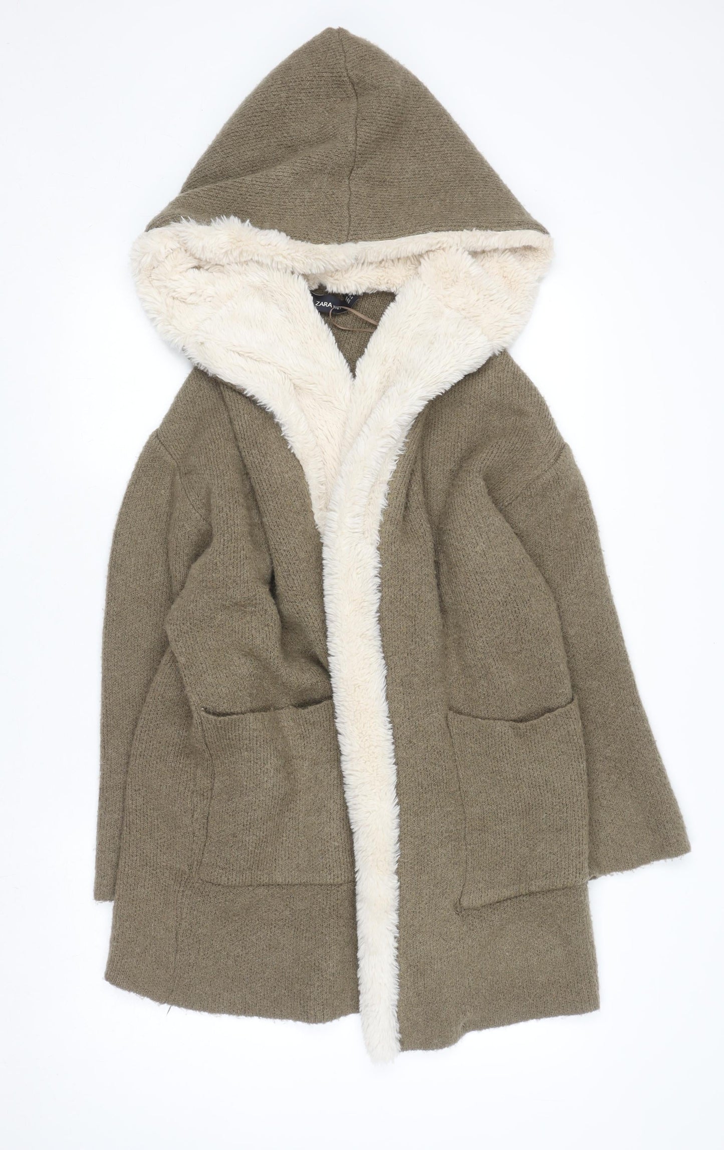 Zara Women Brown Hooded Faux Fur Trim Knit Cardigan Size 12