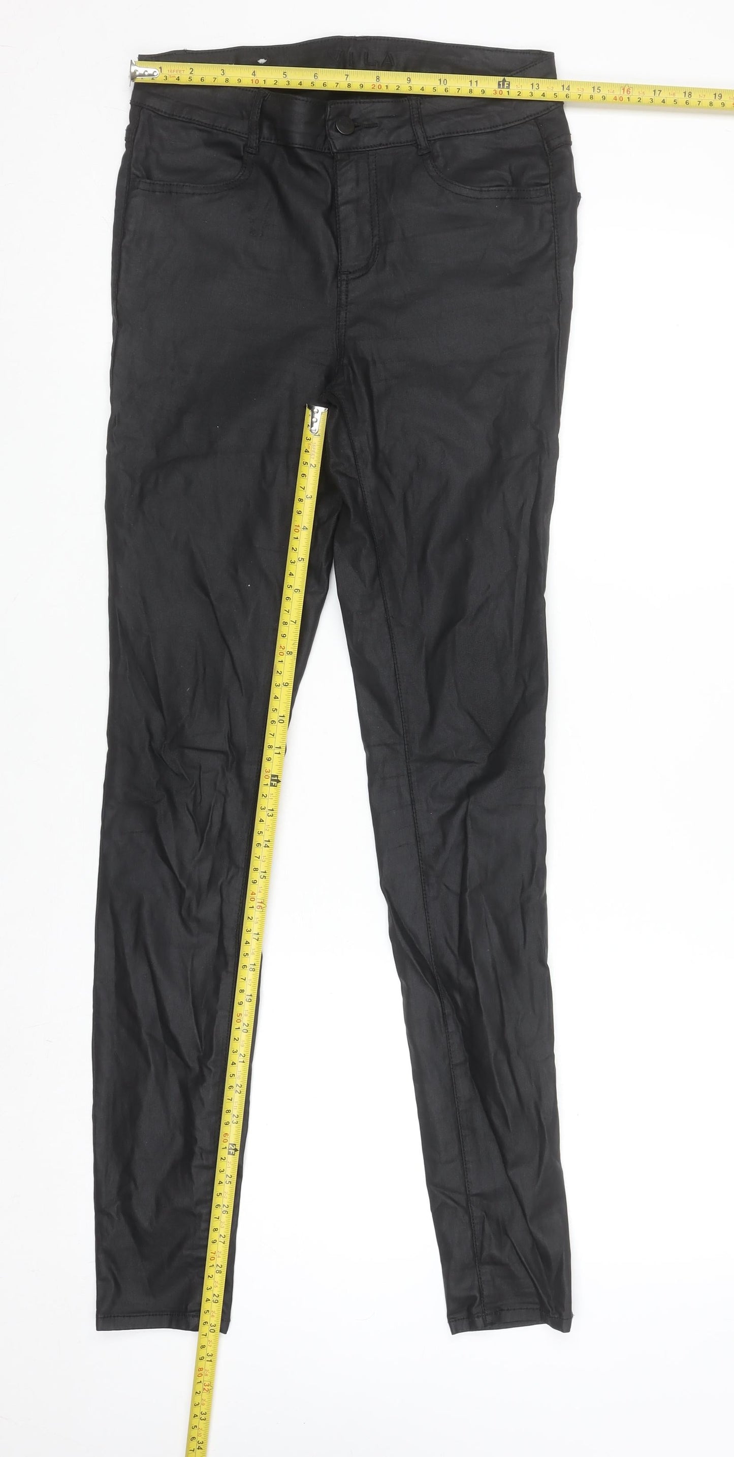 Vila Women’s Black Coated Jegging Trousers Size M Slim Fit