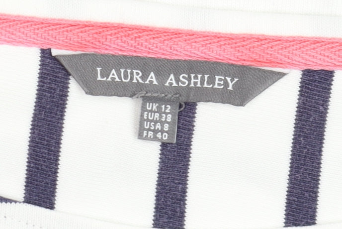 Laura Ashley Womens White Navy Striped 3/4 Sleeve Cotton Top UK 12