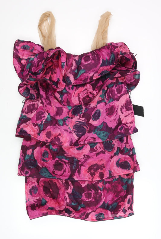 H&M Women Multicoloured Size 8 Silk Floral Ruffle Bodycon Dress