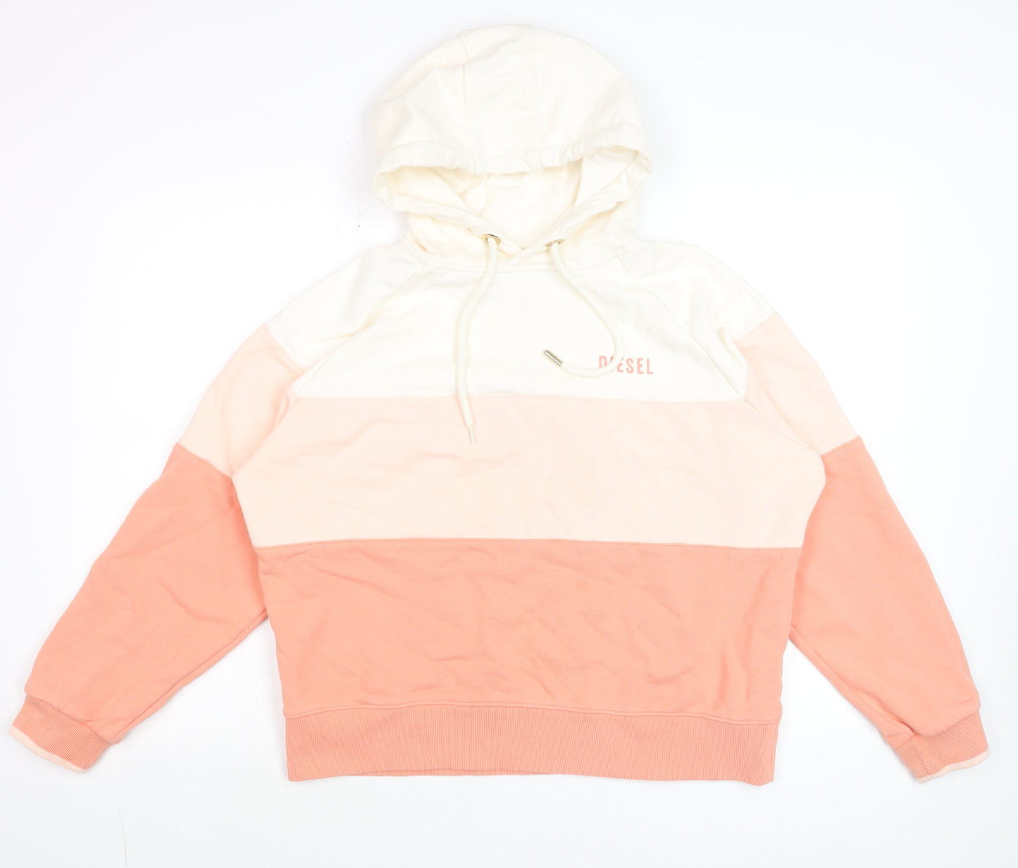 Diesel Womens Peach Colourblock Hoodie Size L Cotton Pullover