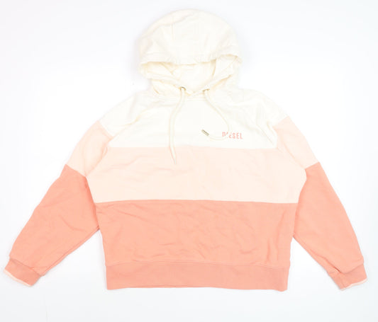 Diesel Womens Peach Colourblock Hoodie Size L Cotton Pullover