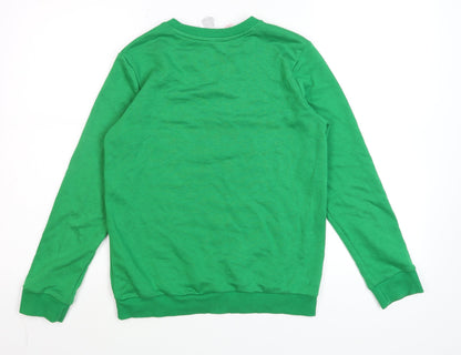 Close-up detail of Adidas boys’ green crew neck pullover sweatshirt 11-12 years