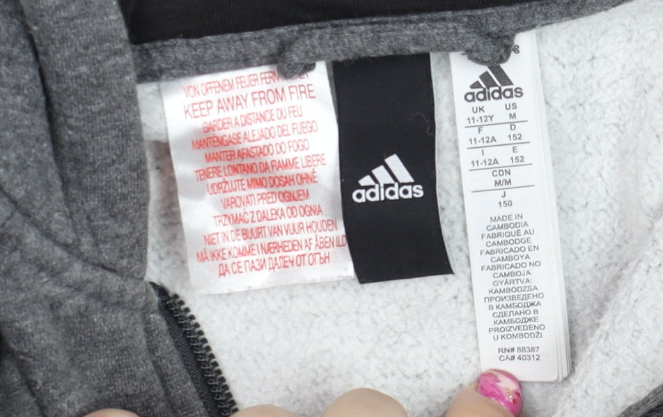 Adidas Boys Grey Full Zip Hoodie 11-12 Years Sporty Cotton Blend