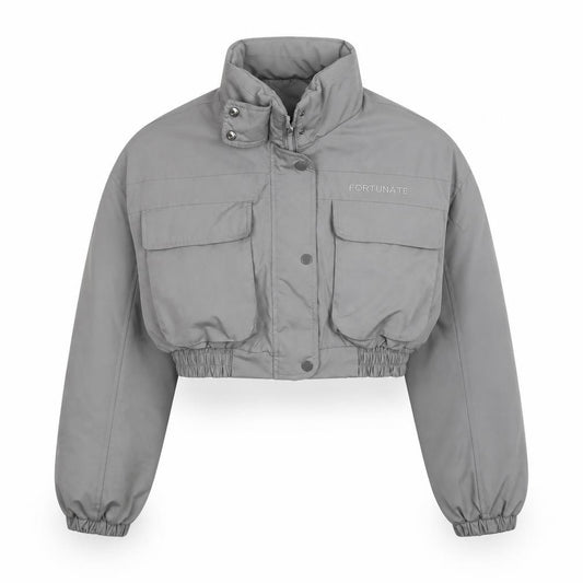 Dazy Women's Grey Cropped Puffer Jacket Size M Elastic Waist