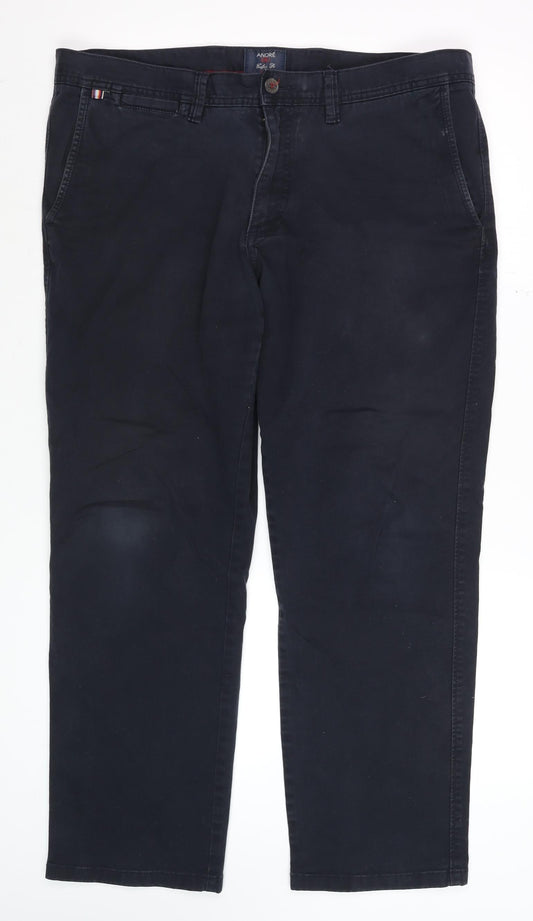 André Men's Black Chino Trousers 38S Classic Fit Stretch Cotton