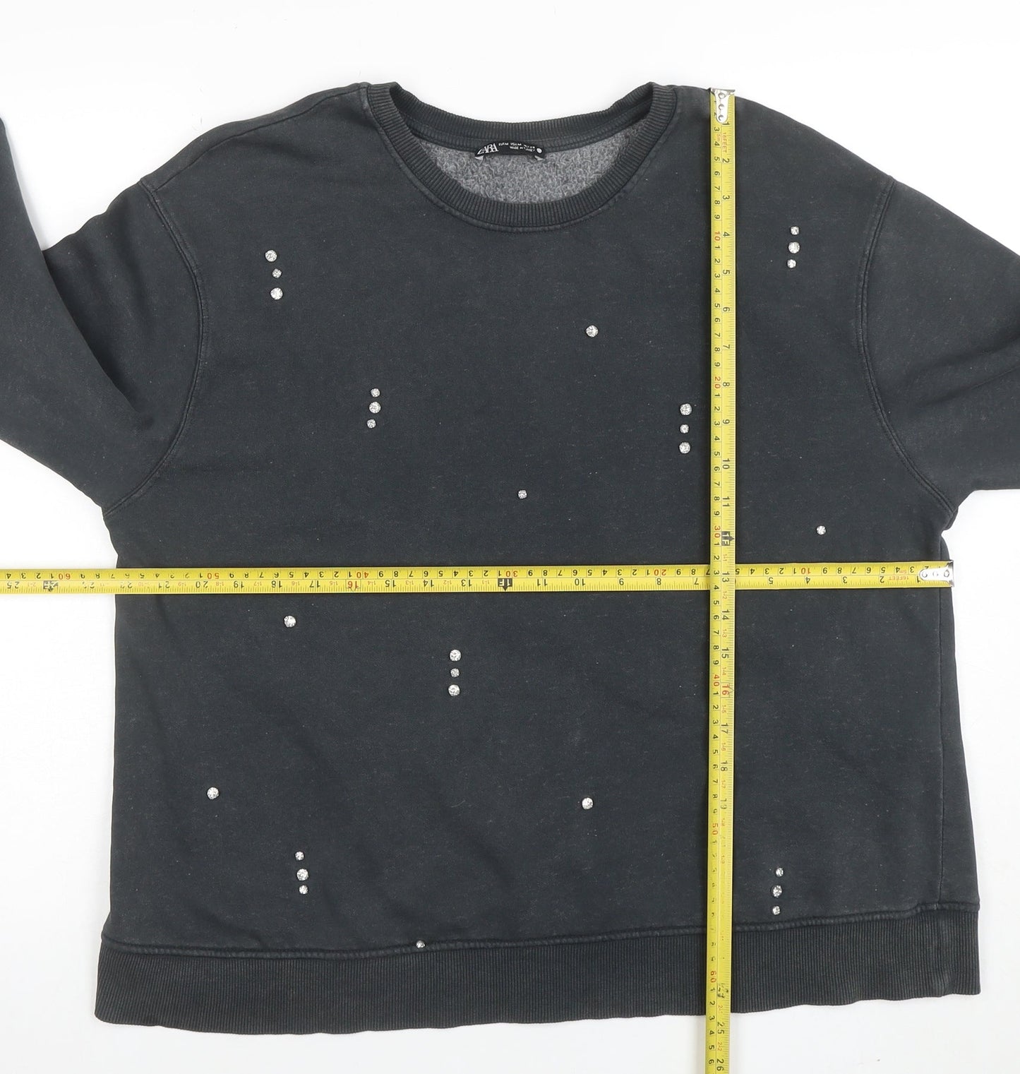 Zara Women Black Studded Pullover Sweatshirt Size M Cotton Blend