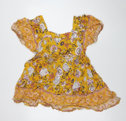 Lottie & Holly Womens Yellow Floral Wrap Dress Size M V-Neck Ruffle Hem