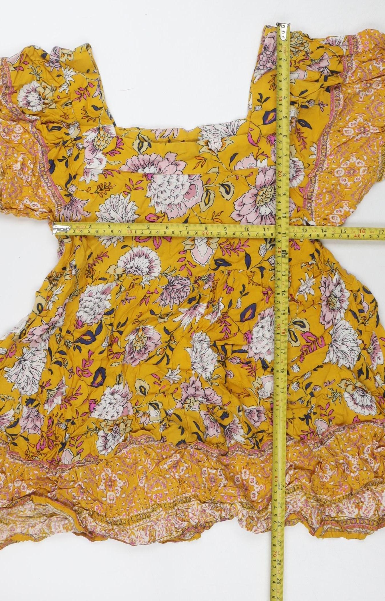 Lottie & Holly Womens Yellow Floral Wrap Dress Size M V-Neck Ruffle Hem
