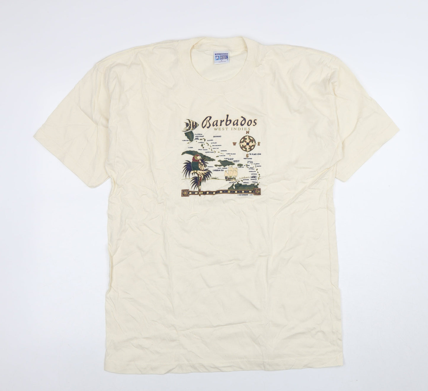 Twin Island Cotton Men's Beige Barbados Graphic T-Shirt M Vintage 100% Cotton