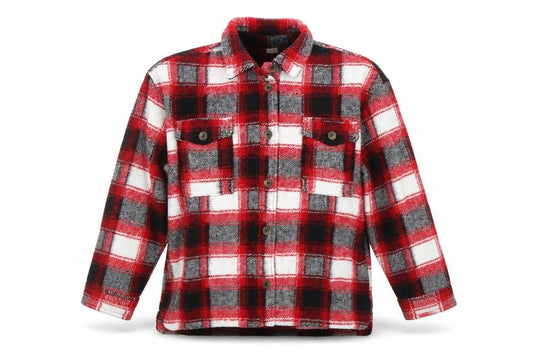 Front view of Next girls’ red check flannel shirt jacket 12 years button long sleeve