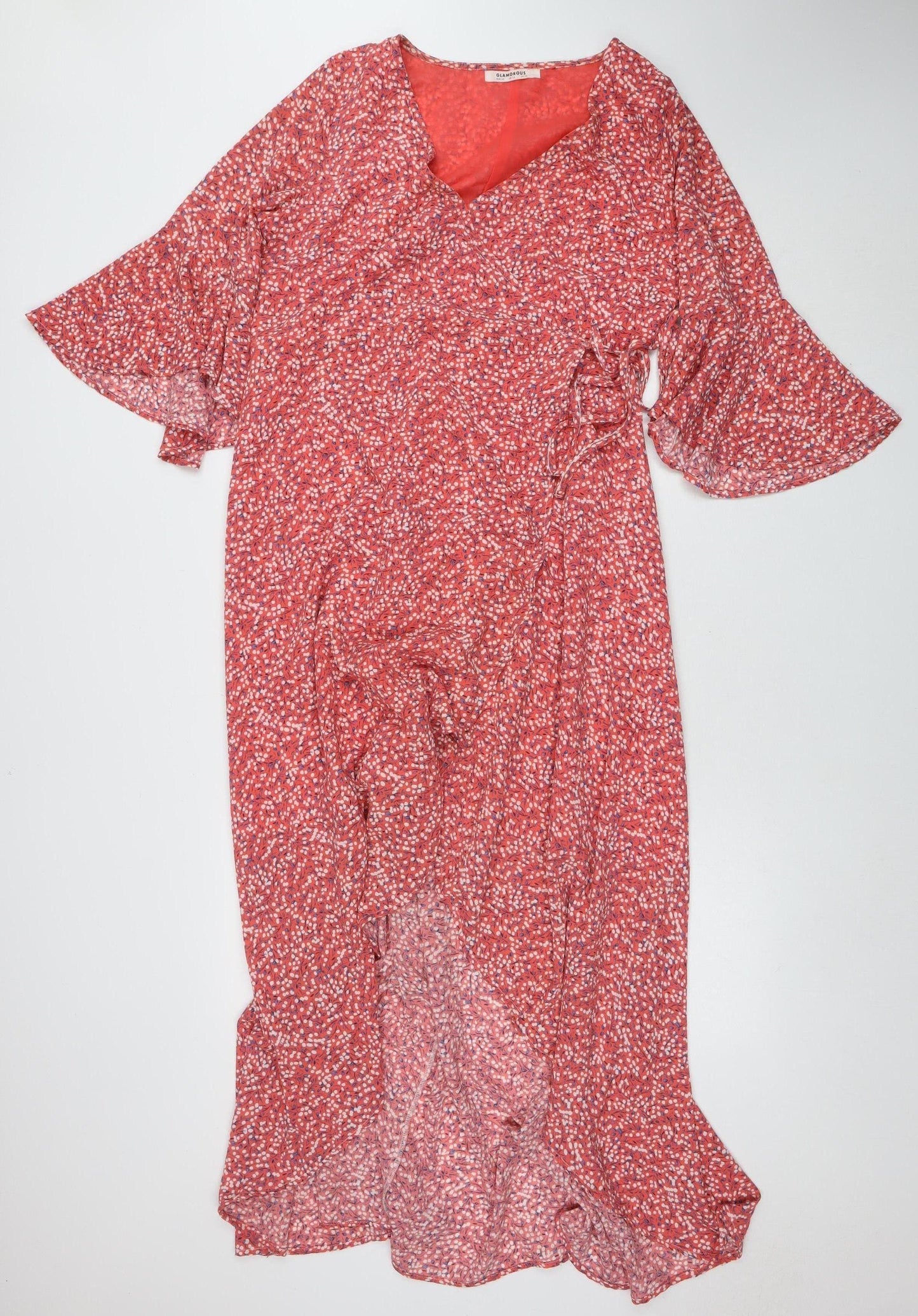 Glamorous Women’s Red Floral Wrap Midi Dress Size 14 V-Neck Flutter Sleeve