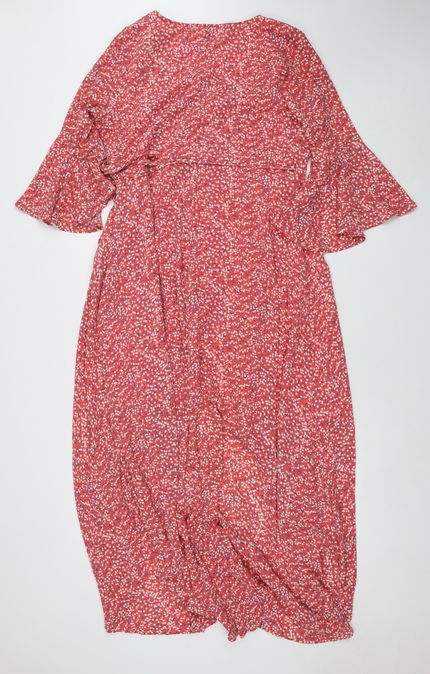 Glamorous Women’s Red Floral Wrap Midi Dress Size 14 V-Neck Flutter Sleeve