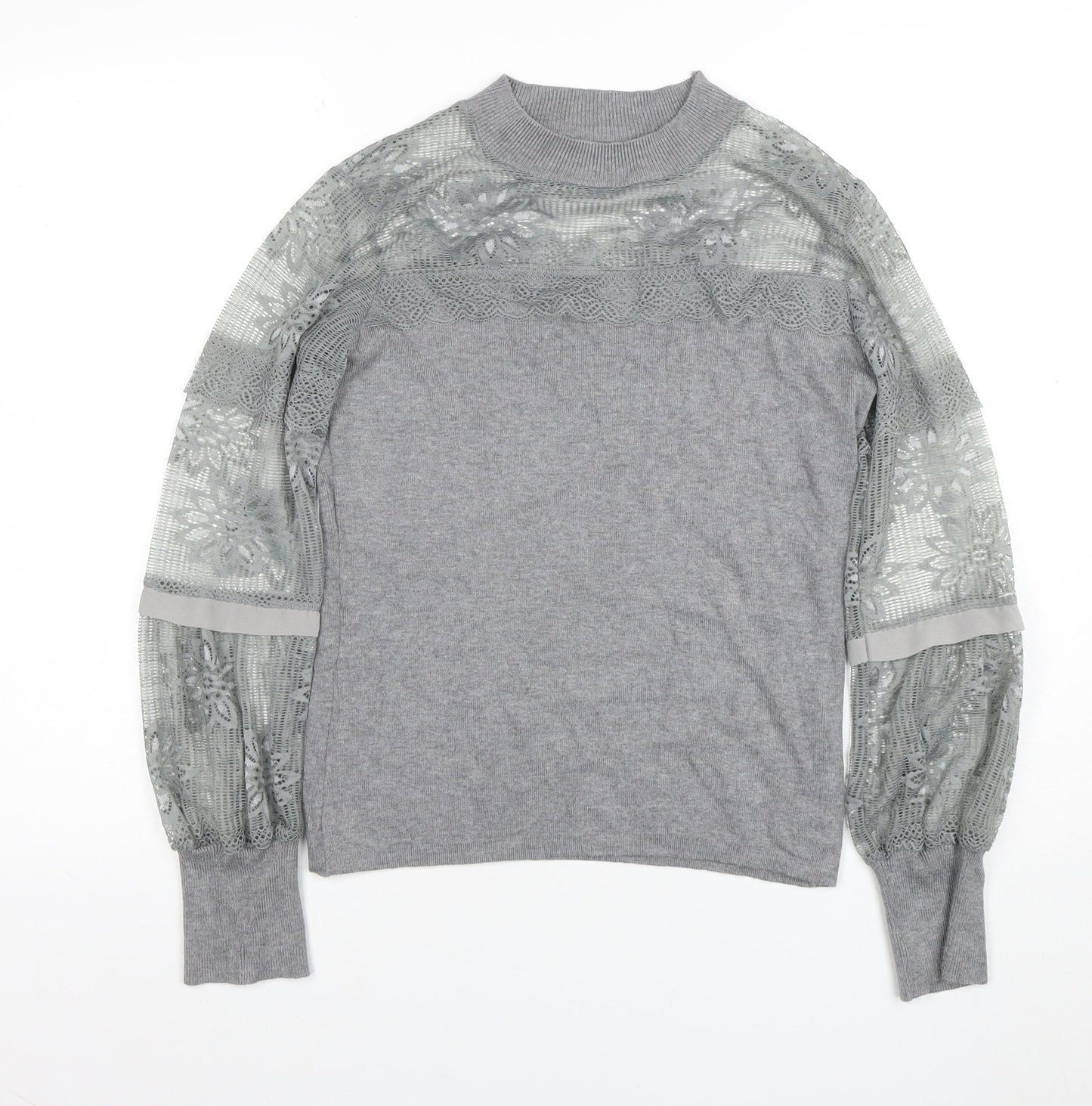 AngelEye London Women's Grey Lace Sleeve High Neck Blouse Size S