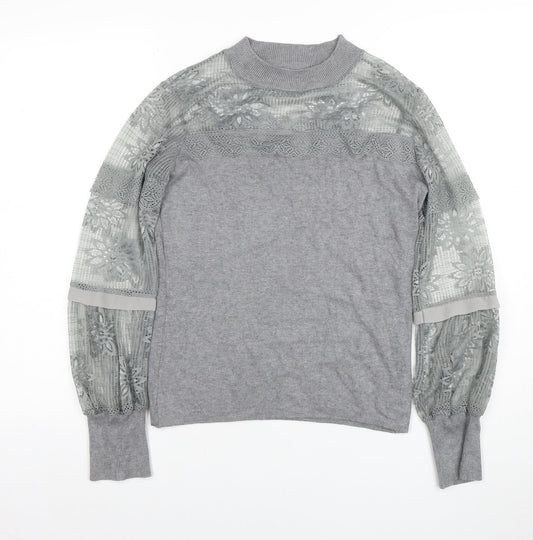 AngelEye London Women's Grey Lace Sleeve High Neck Blouse Size S