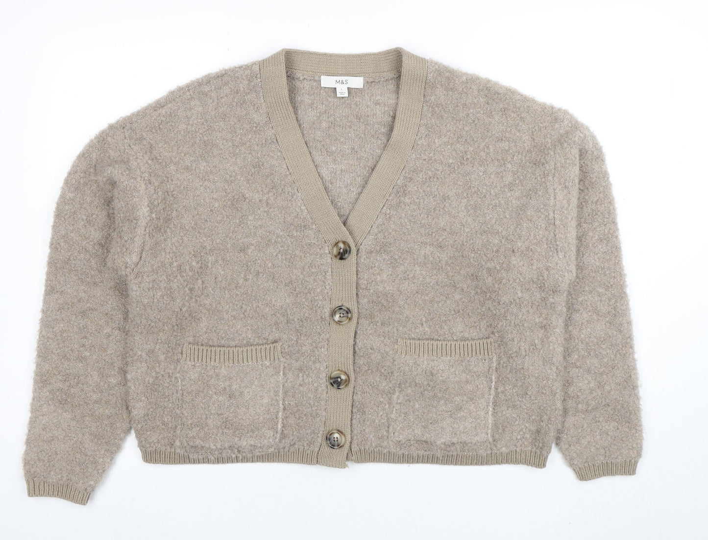 Marks and Spencer Women Beige V-Neck Cardigan L Knit Wool Blend