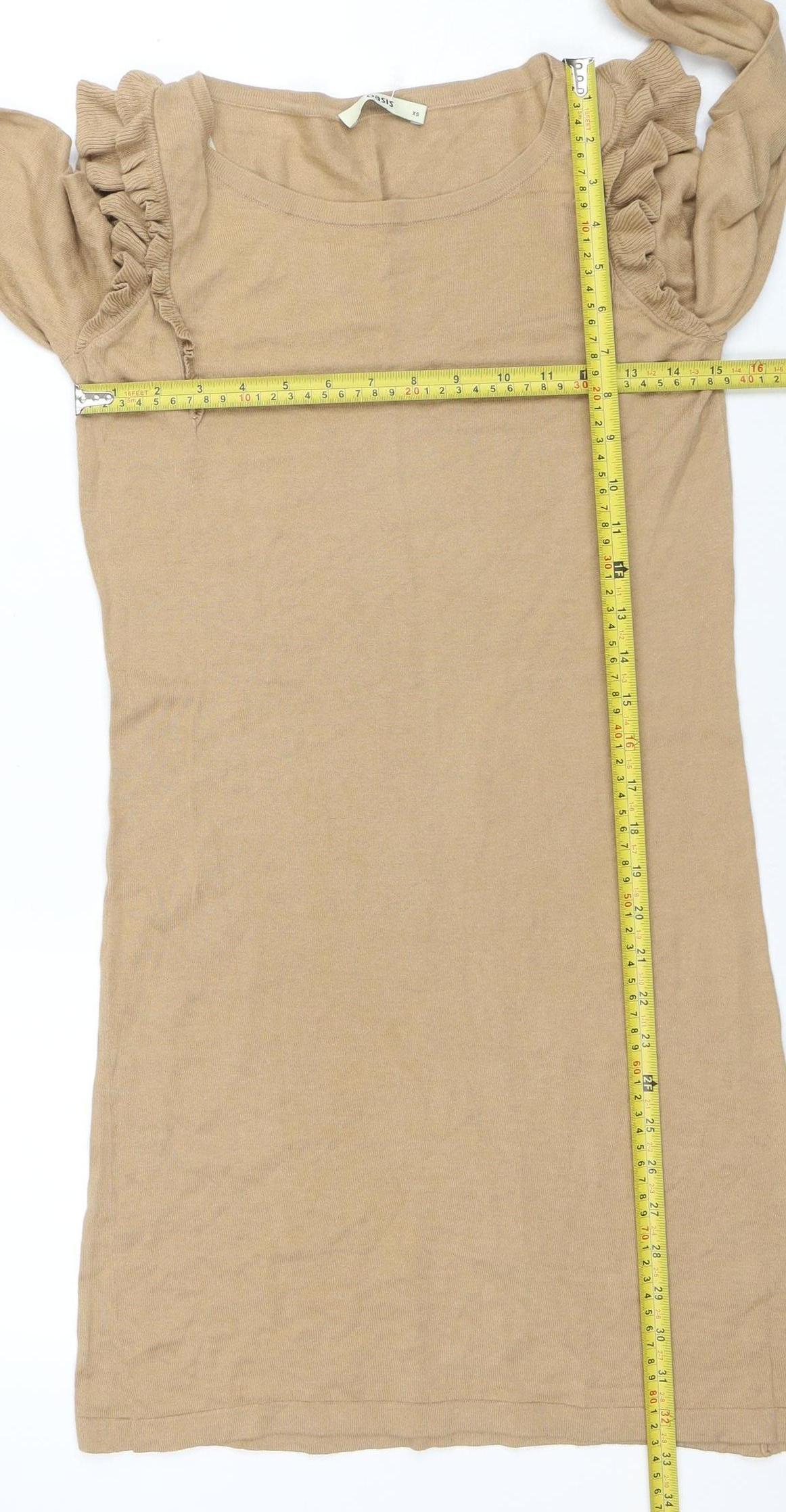 Oasis Women’s Beige Ruffle Long Sleeve Cotton Knit Jumper XS
