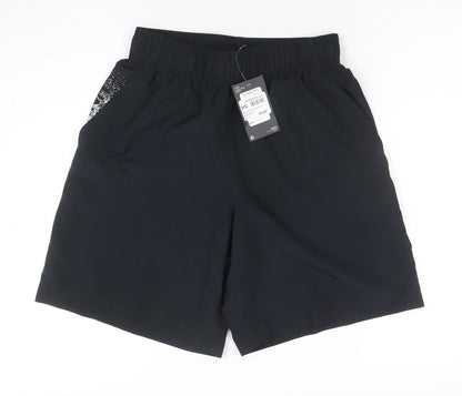 Additional front view of Under Armour boys’ black small loose fit athletic shorts polyester