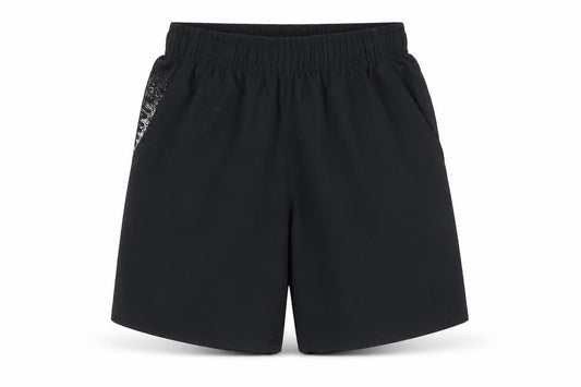 Front view of Under Armour boys’ black small loose fit athletic shorts polyester