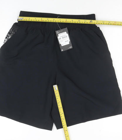 Back view of Under Armour boys’ black small loose fit athletic shorts polyester