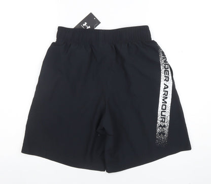 Close-up detail of Under Armour boys’ black small loose fit athletic shorts polyester