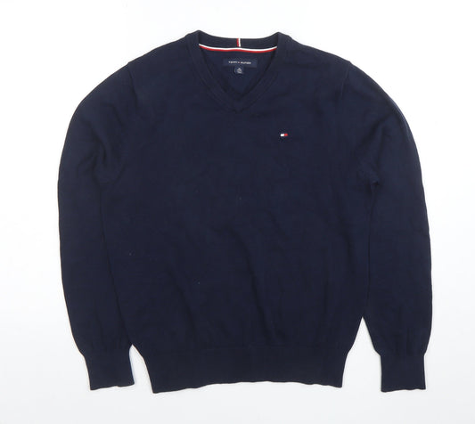 Tommy Hilfiger Men's Blue Cotton V-Neck Jumper XS