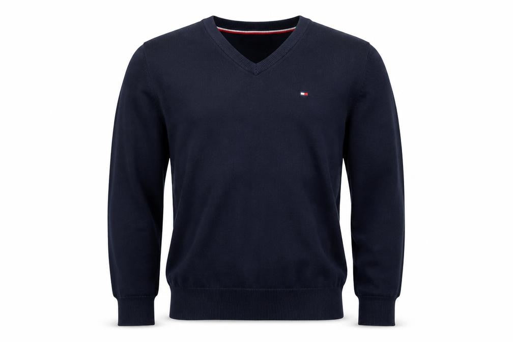 Tommy Hilfiger Men's Blue Cotton V-Neck Jumper XS