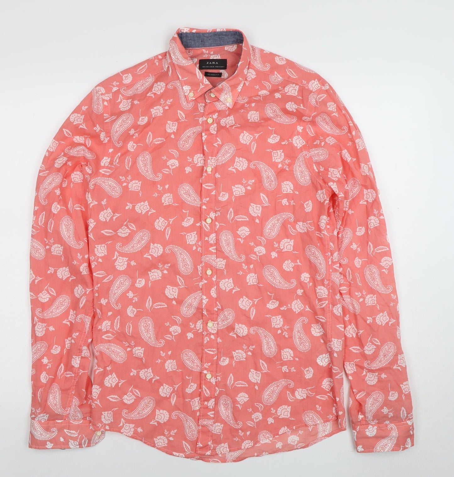 Zara Men's Coral Paisley Button-Up Cotton Relaxed Fit Shirt Size S