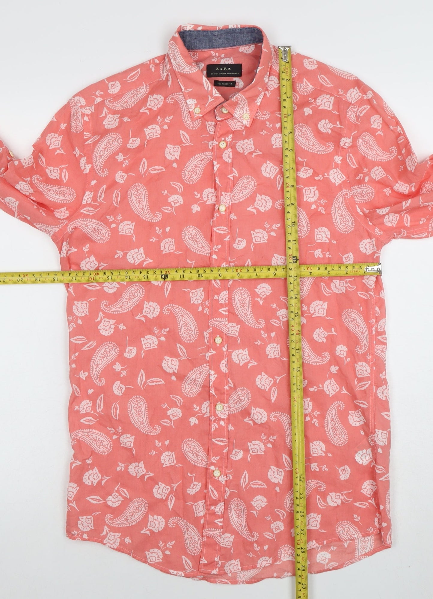 Zara Men's Coral Paisley Button-Up Cotton Relaxed Fit Shirt Size S